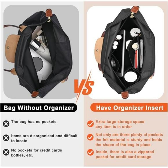 Large Black Felt Tote Bag Organizer Insert Fits Longchamp Le Pliage Handbag - Picture 3 of 7